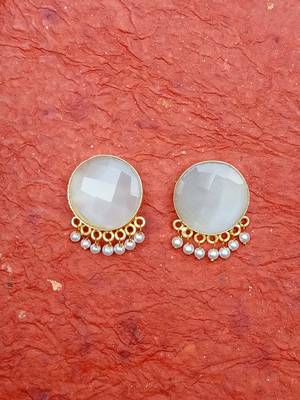 RozMili Handcrafted Nickle free Gold plated Matte finish Brass Jaipuri Monalisa stone Stud  Earring 3