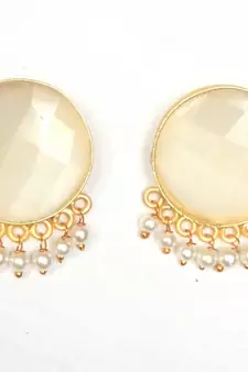 RozMili Handcrafted Nickle free Gold plated Matte finish Brass Jaipuri Monalisa stone Stud  Earring