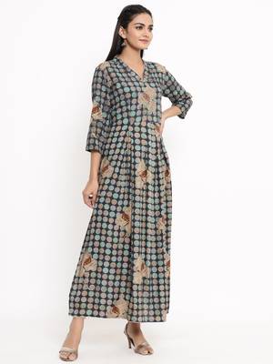 MAAESA Women's Rayon Gold Printed, Hand work & Gota Work Anarkali Kurta (Teal) 3