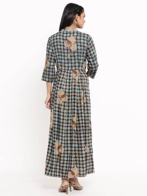 MAAESA Women's Rayon Gold Printed, Hand work & Gota Work Anarkali Kurta (Teal) 4