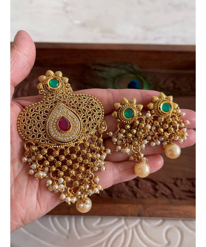 Divine antique kemp-green pearl necklace set-Dj05912