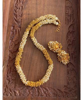 Gorgeous Gold Plated Pearl Gold Cluster Designer Necklace Set Dj16233 1