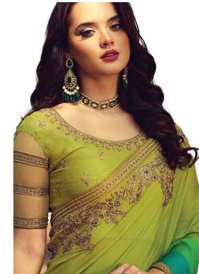 Green embroidered crepe saree with blouse 2