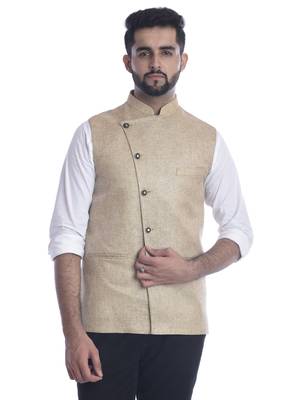 Beige plain jute nehru-jacket 1