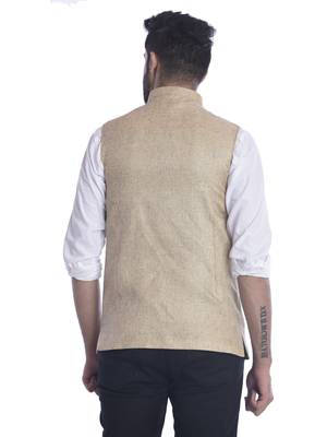 Beige plain jute nehru-jacket 2
