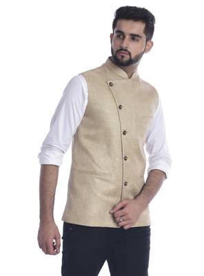 Beige plain jute nehru-jacket 3