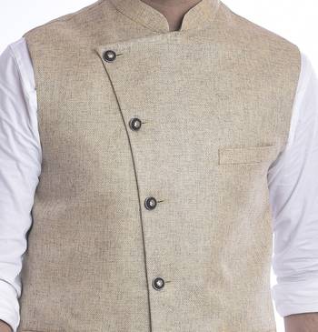 Beige plain jute nehru-jacket 4