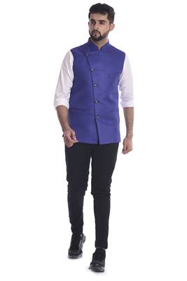 Blue plain jute nehru-jacket 1