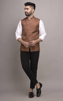 Brown plain jute nehru-jacket 1