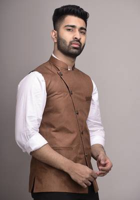 Brown plain jute nehru-jacket 3