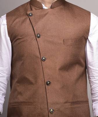 Brown plain jute nehru-jacket 4