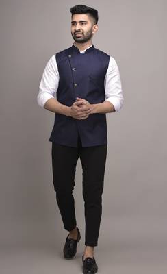 Blue plain jute nehru-jacket 1