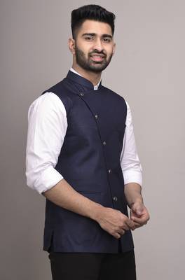 Blue plain jute nehru-jacket 3