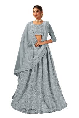Grey embroidered net semi stitched lehenga 1