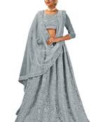 Grey embroidered net semi stitched lehenga
