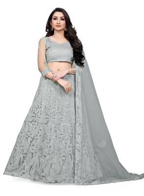 Grey embroidered net semi stitched lehenga 1