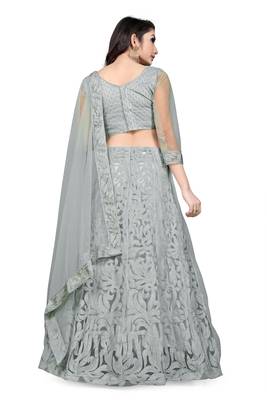 Grey embroidered net semi stitched lehenga 2