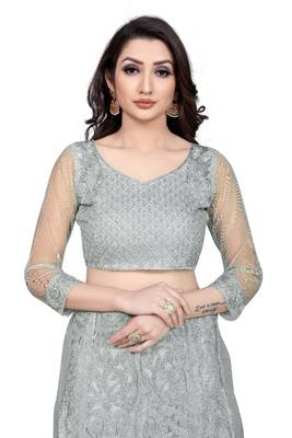 Grey embroidered net semi stitched lehenga 3