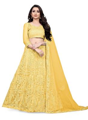 Gold embroidered net semi stitched lehenga 1