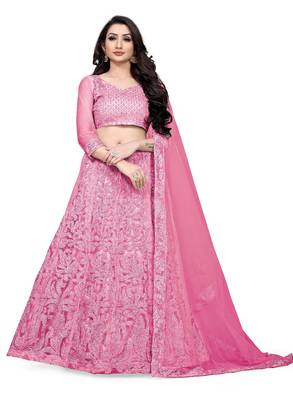 Baby-pink embroidered net semi stitched lehenga 1