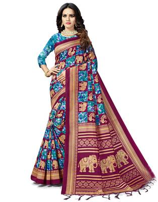 Multicolor printed art silk saree with blouse 1