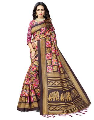 Multicolor printed art silk saree with blouse 1