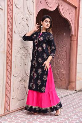 Shopping Factory Designer Premium Rayon Fabric Printed & Add Work  Kurti With Skirt 1