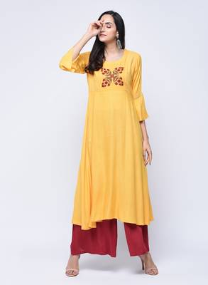Yellow embroidered rayon long-kurtis 1
