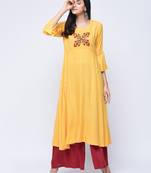 Yellow embroidered rayon long-kurtis