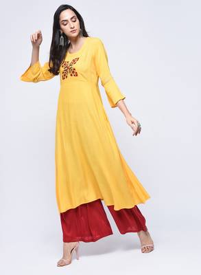 Yellow embroidered rayon long-kurtis 2