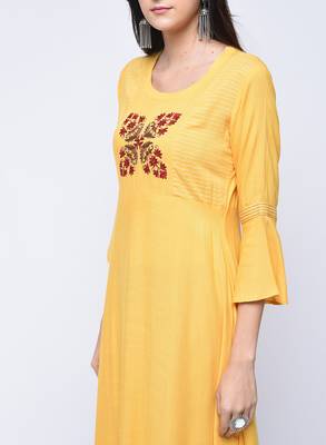 Yellow embroidered rayon long-kurtis 3