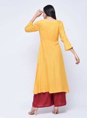 Yellow embroidered rayon long-kurtis 4