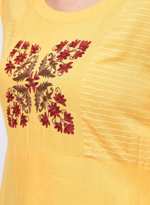 Yellow embroidered rayon long-kurtis 5