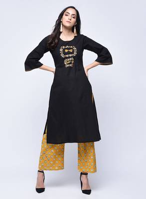 Black embroidered cotton long-kurtis 1