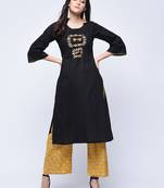 Black embroidered cotton long-kurtis