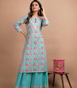 Turquoise printed cotton salwar
