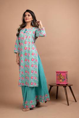 Turquoise printed cotton salwar 3