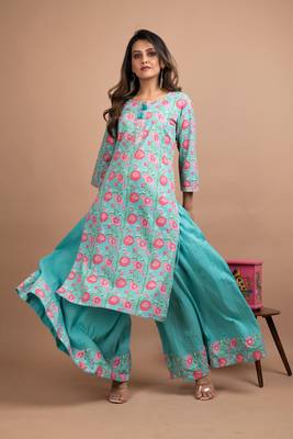 Turquoise printed cotton salwar 4