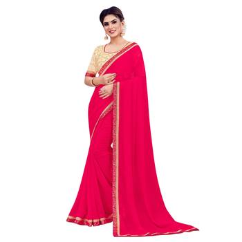 Pink plain chiffon saree with blouse 1