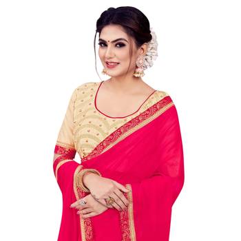 Pink plain chiffon saree with blouse 2