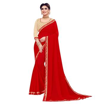 Red plain chiffon saree with blouse 1