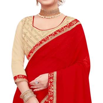 Red plain chiffon saree with blouse 2