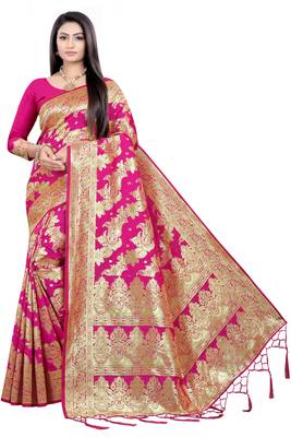 Pink woven banarasi silk saree with blouse 1
