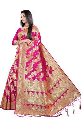 Pink woven banarasi silk saree with blouse 4