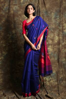 Navy blue woven bengal handloom saree with blouse 1