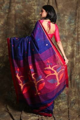 Navy blue woven bengal handloom saree with blouse 3