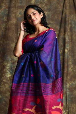 Navy blue woven bengal handloom saree with blouse 4