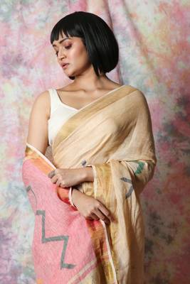 Beige woven tissue saree with blouse 4