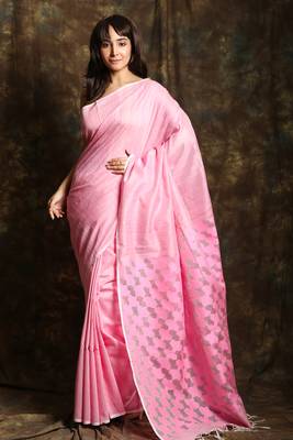 Baby pink woven matka silk saree with blouse 1