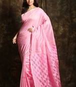 Baby pink woven matka silk saree with blouse